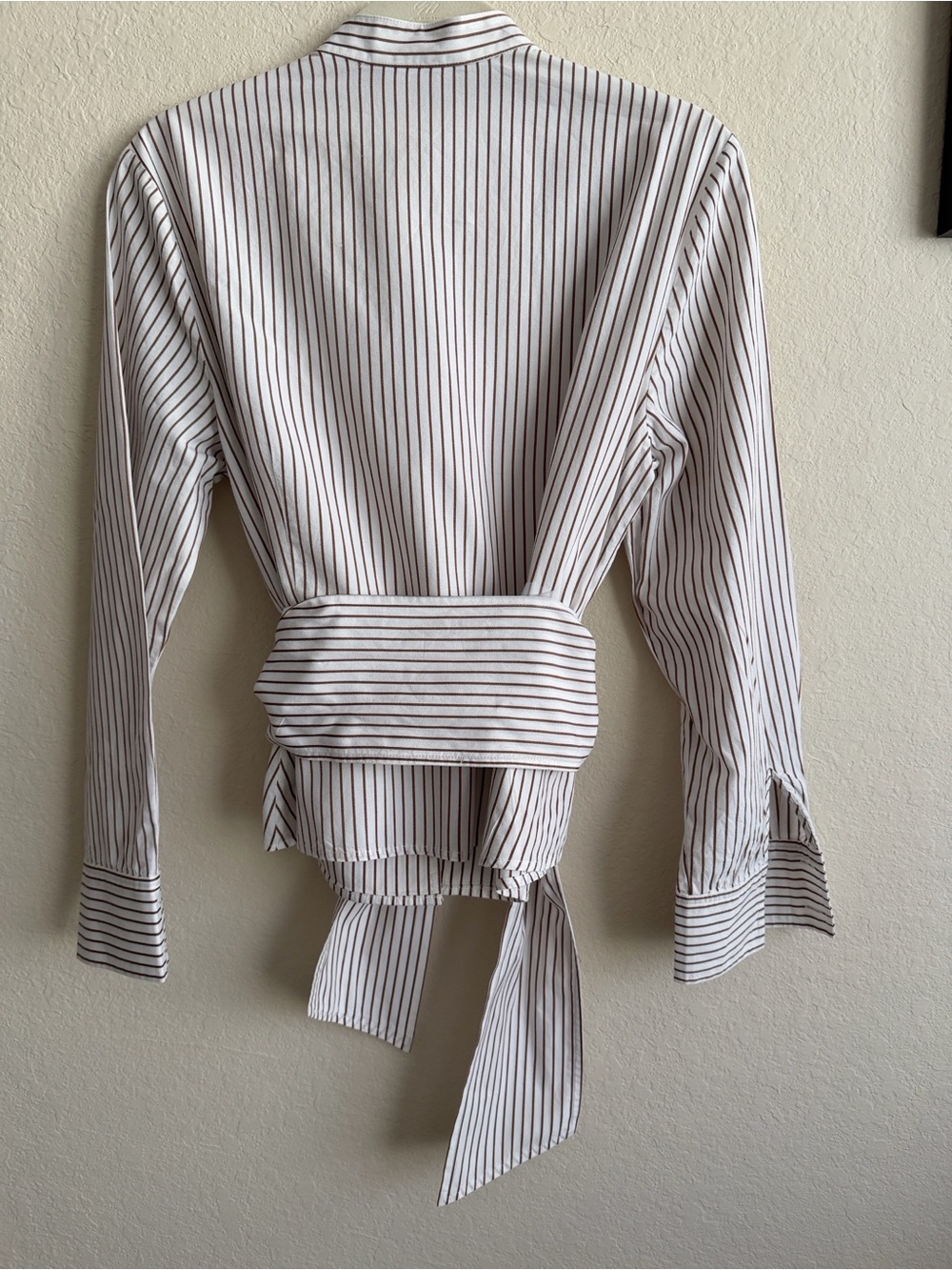 Striped Wrap-Back Button-Up Shirt - White with Brown Stripes